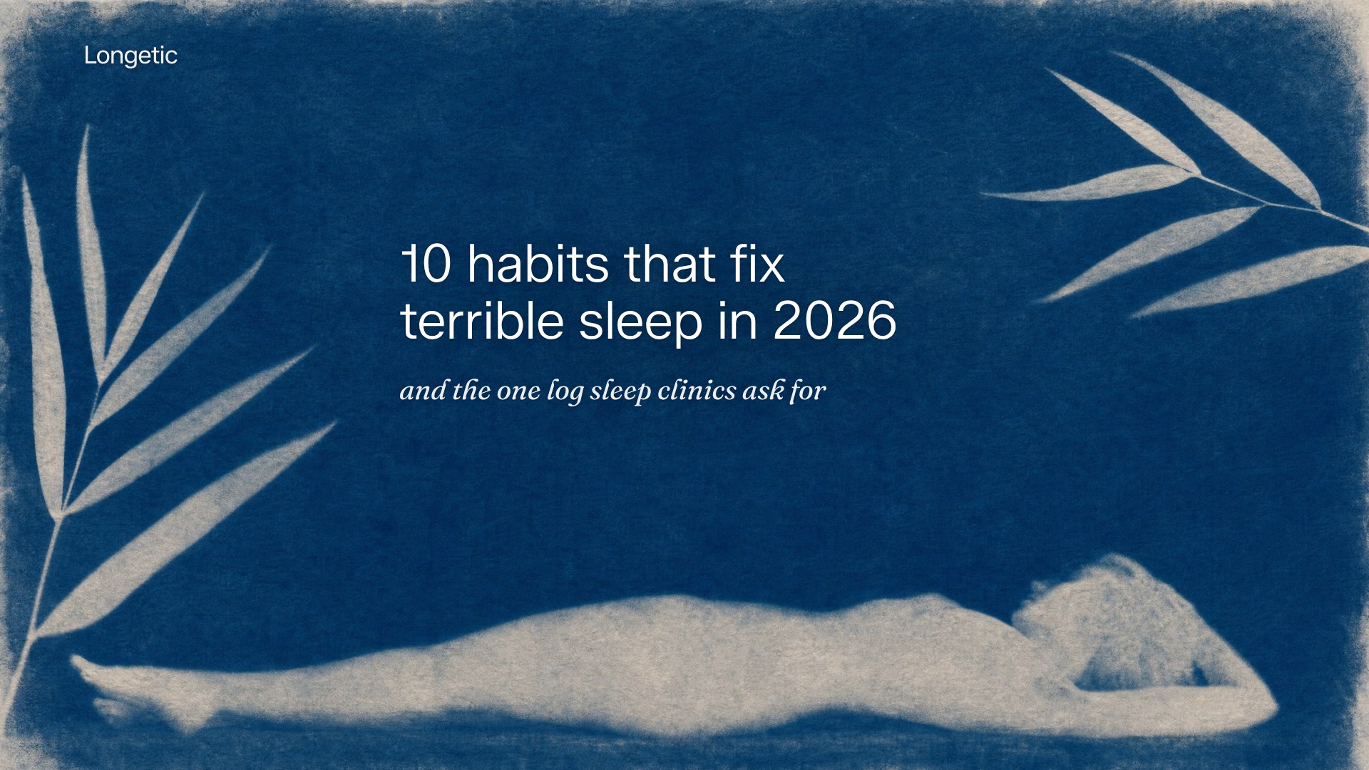 Cyanotype print of a person asleep on their side beneath pale leaves on deep blue paper