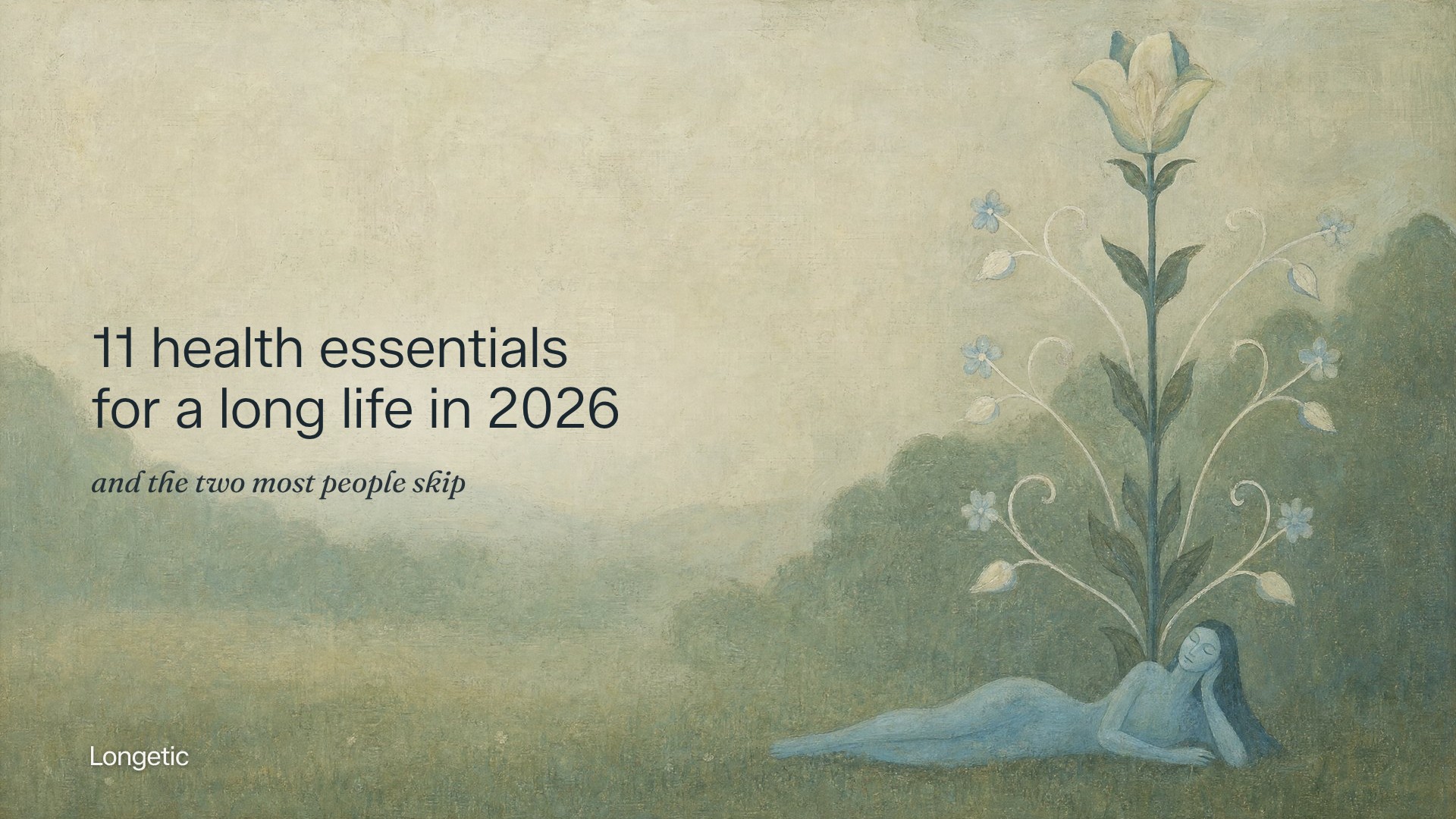 Painting of a woman resting in a misty meadow beneath a tall flowering stem