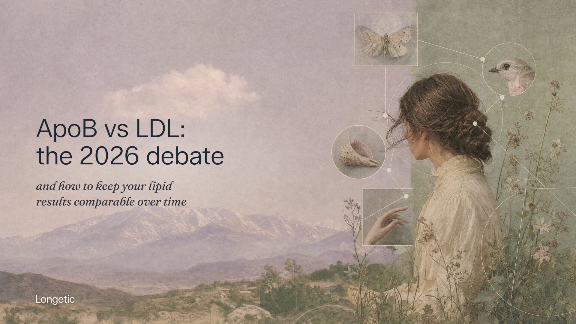 A woman in a cream blouse looking out over distant mountains, framed by naturalist studies of a moth, a bird, a shell and a hand