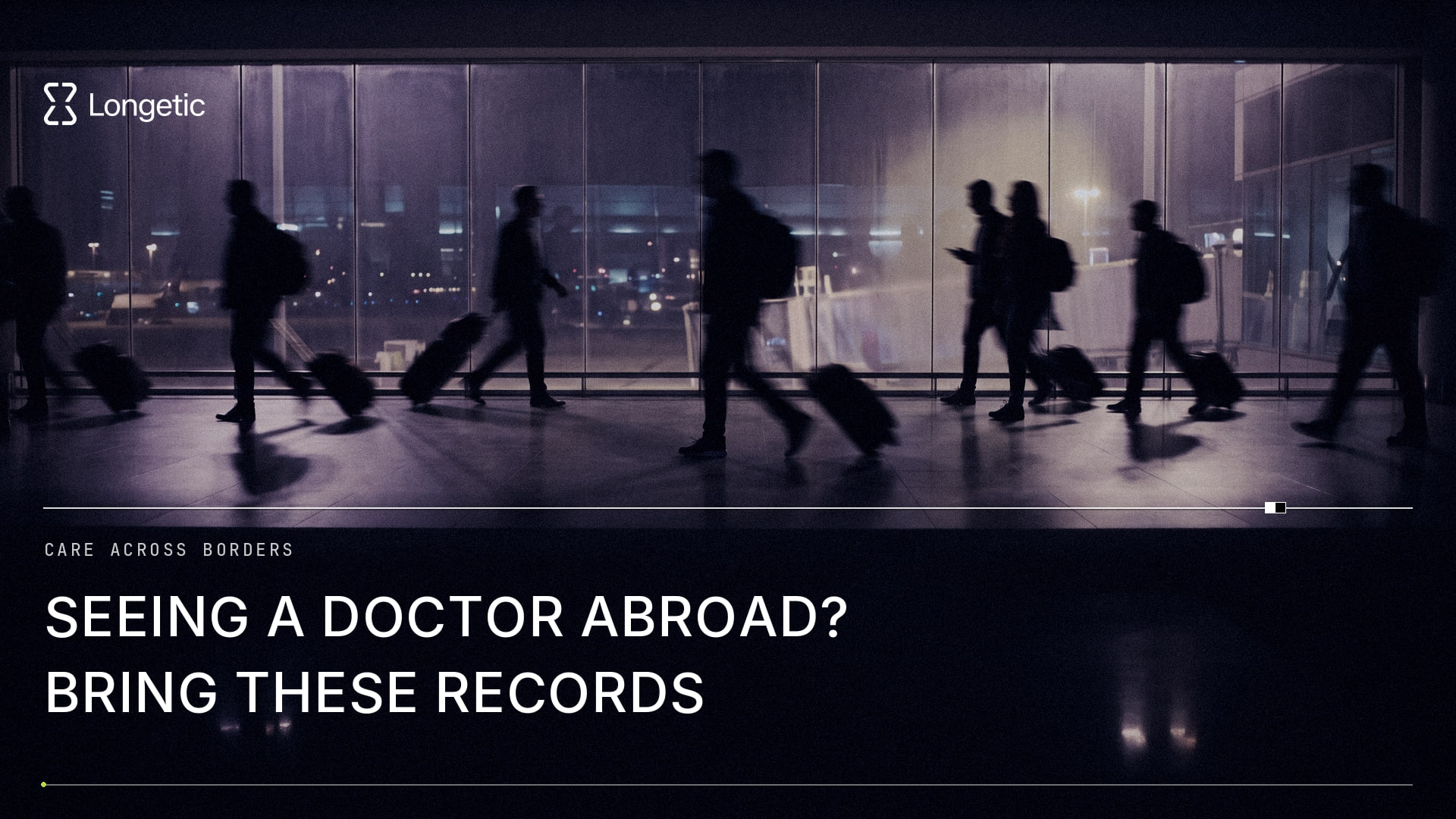 Travellers with wheeled suitcases silhouetted against an airport window at night